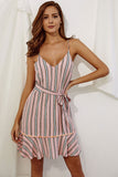 Pink Vertical Striped Ruffle Trim Belted Dress - Mislish