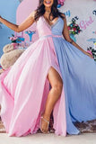 Pink And Blue A-Line Sleeveless Prom Gown Evening Dress