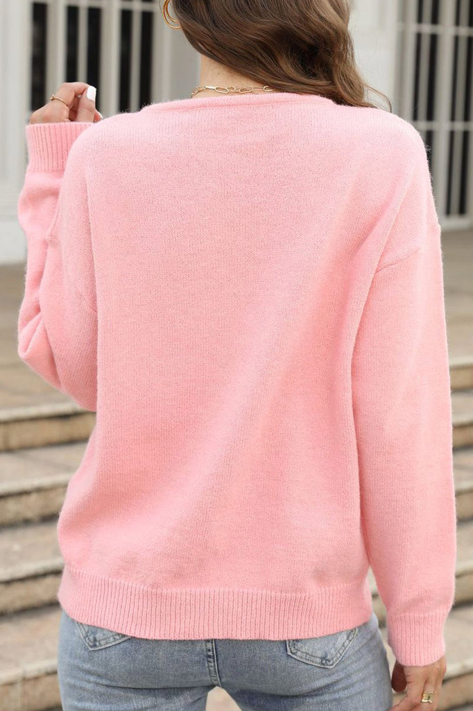 Pink Knitted Sweater With Heart Pattern