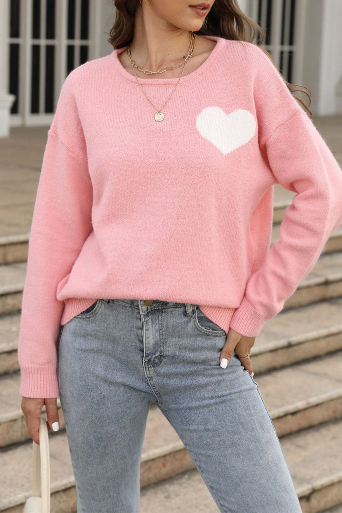 Pink Knitted Sweater With Heart Pattern