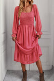 Pink Long Sleeve A-Line Midi Dress