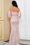 Pink Off Shoulder High Slit Prom Dress Evening Gown