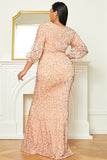 Plus Size Pink Sequins Prom Gown Evening Dress
