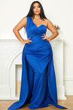 Plus Size Royal Blue One Shoulder Prom Gown Evening Dress