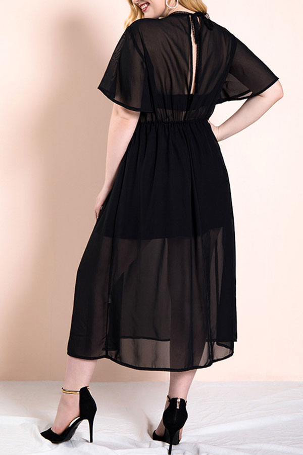 Plus Size Black Chiffon Midi Dress - Mislish