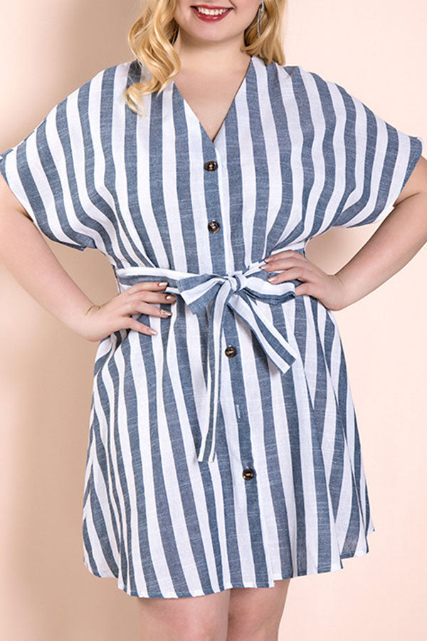 Plus Size Striped Lace-up Buttoned Dress - Mislish