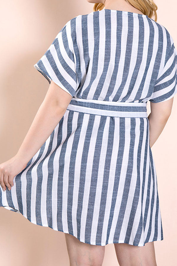 Plus Size Striped Lace-up Buttoned Dress - Mislish