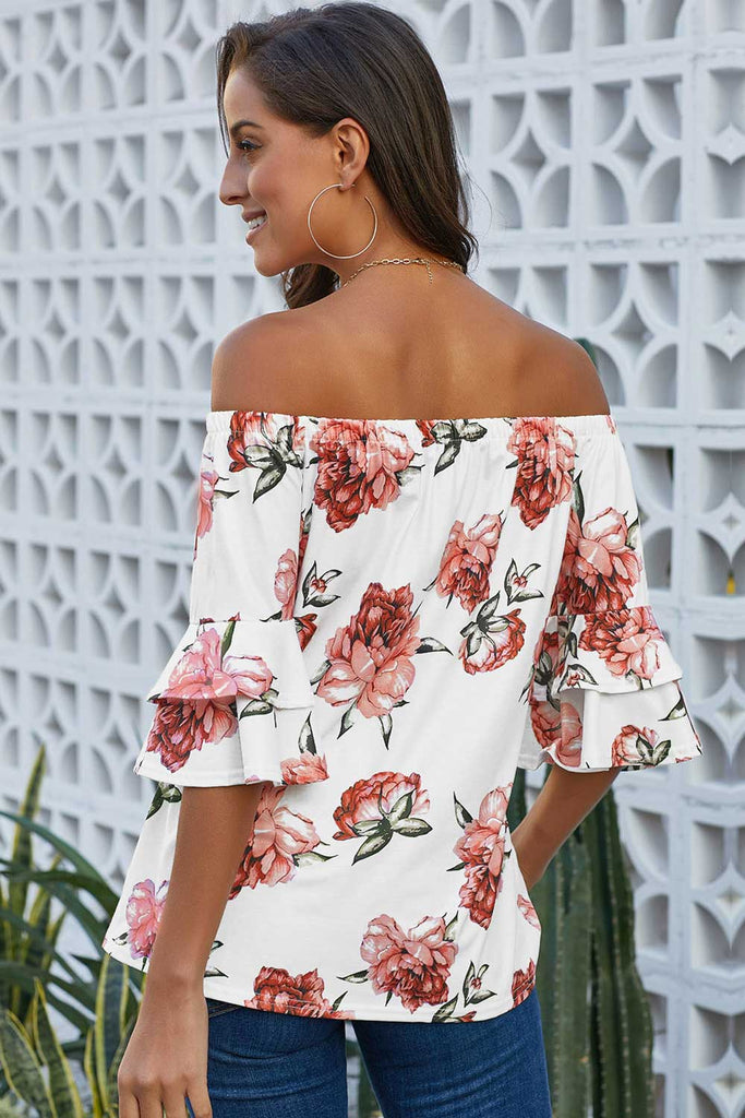 Printed Off-the-shoulder Blouse With Trumpet Sleeves - Mislish