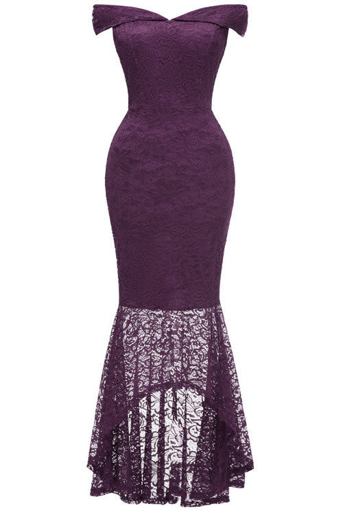 Purple Off-the-shoulder Lace Mermaid High Low Prom Dress