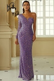 Purple One Sleeve Sparkly Evening Gown Formal Dress