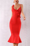 Red Applique Fishtail Bandage Dress - Mislish