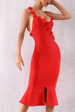 Red Applique Fishtail Bandage Dress - Mislish