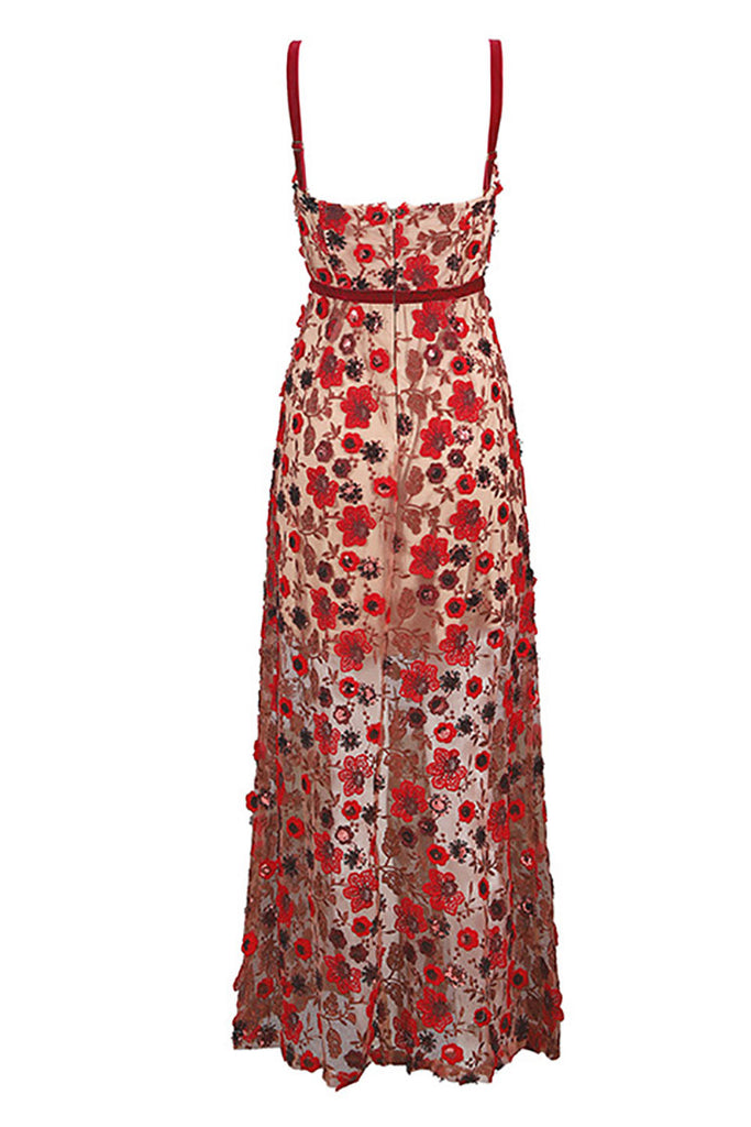 Red Applique See-through Maxi Dress