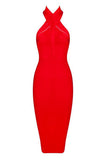 Red Halter Knee Length Bandage Club Dress