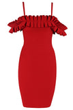 Red Off-the-shoulder Ruffled Spaghetti Strap Bandage Dress