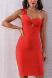 Red One Shoulder Cut Out Twist Bodycon Dress - Mislish