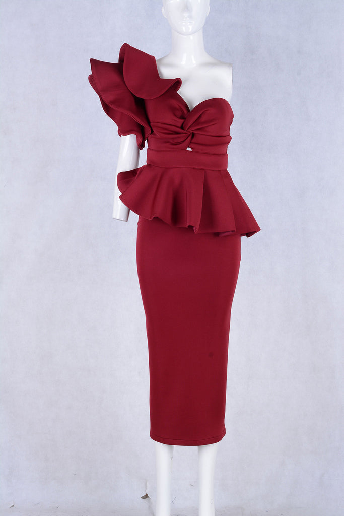 Red One-shoulder Ruffled Bodycon Prom Dress - Mislish