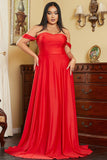 Red Plus Size Off Shoulder A-Line Prom Gown Evening Dress