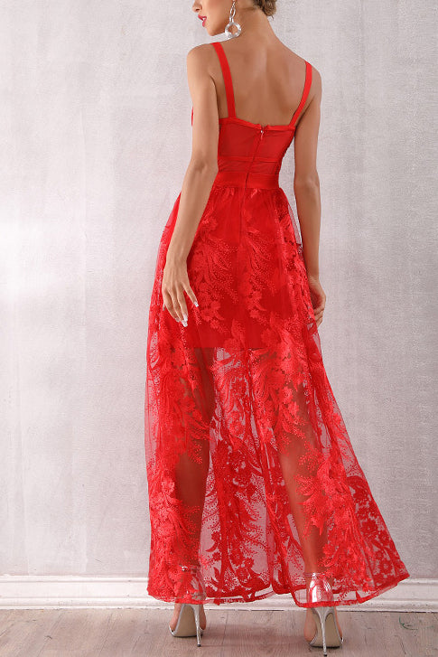 Red Sleeveless Lace Bandage Party Dress - Mislish
