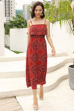 Red Square Print  Backless Long Dress With Spaghetti Straps - Mislish