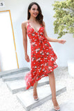Red V-neck Asymmetrical Hem Lace-up Floral Dress - Mislish