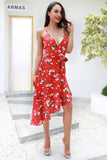 Red V-neck Asymmetrical Hem Lace-up Floral Dress - Mislish