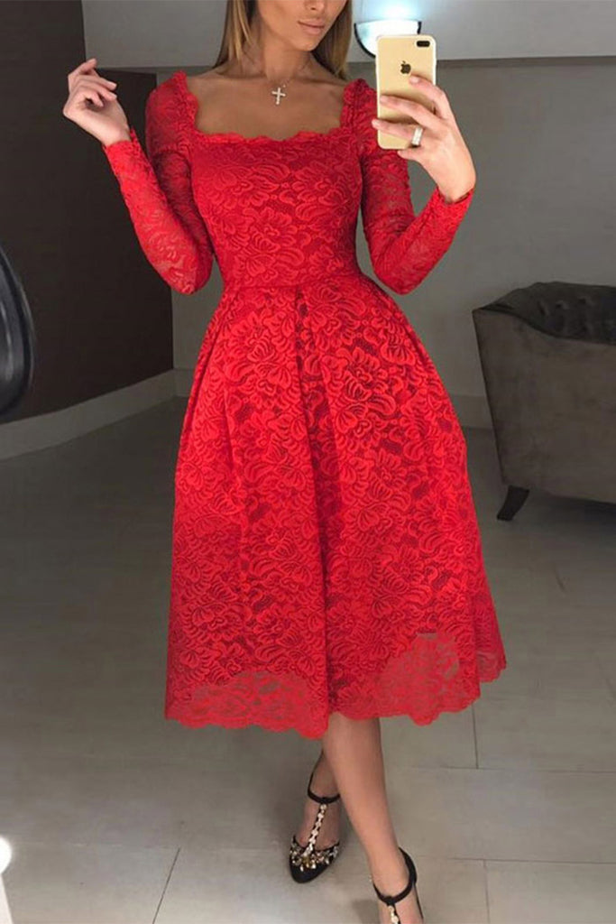 Red Lace Long Sleeve A-Line Party Cocktail Dress