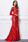 Red Lace Long Sleeve Prom Dress Evening Gown