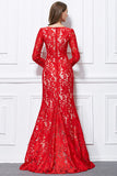 Red Lace Long Sleeve Prom Dress Evening Gown