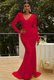 Red Long Sleeve Mermaid V-Neck Formal Evening Dresses