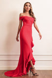 Red Off Shoulder High Low Formal Gown Evening Prom Dress