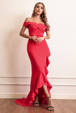 Red Off Shoulder High Low Formal Gown Evening Prom Dress