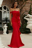 Red Off Shoulder Mermaid Formal Gown Evening Dress