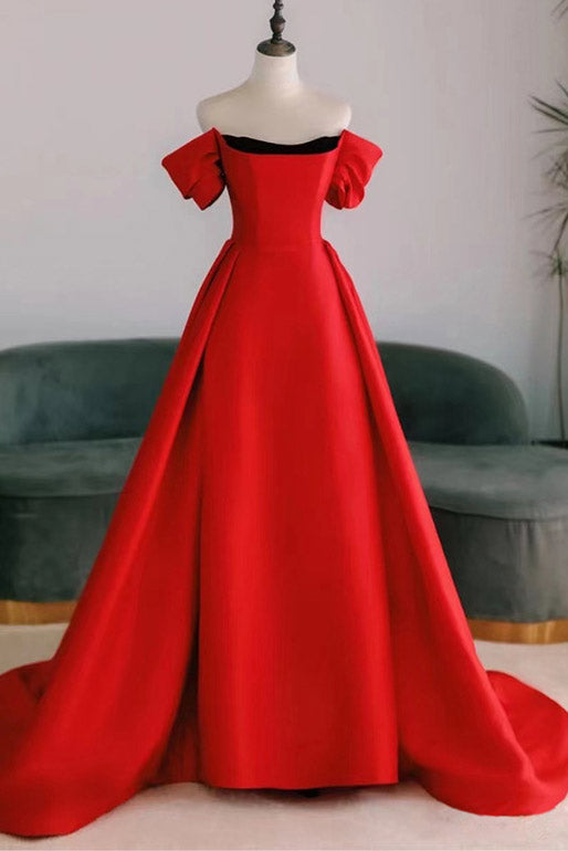 Red Off Shoulder Watteau Train Formal Evening Dress