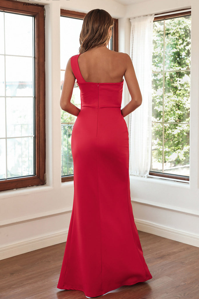 Red One Shoulder Slit Prom Gown Evening Dress