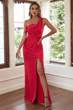 Red One Shoulder Slit Prom Gown Evening Dress 