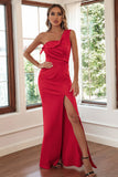 Red One Shoulder Slit Prom Gown Evening Dress 