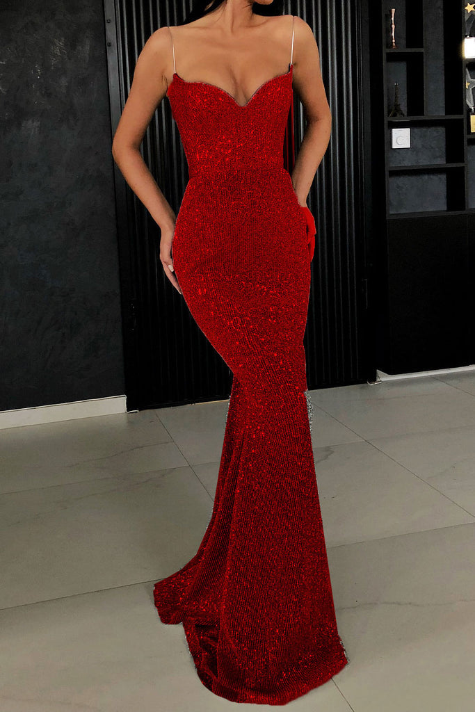 Red Spaghetti Straps Mermaid Evening Gown Formal Dress
