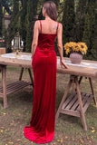 Sexy Red Velvet High Slit Prom Evening Dresses