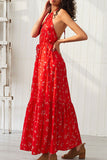 Red Backless Halter Ruffle Maxi Dress - Mislish