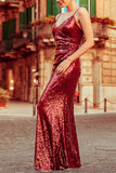 Red Spaghetti Straps Sequin Prom Dress