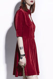 Red Velvet Buttoned A-line Dress - Mislish