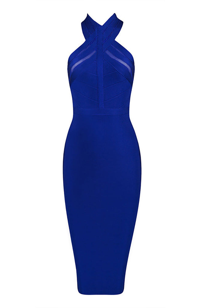 Royal Blue Halter Knee Length Bandage Club Dress