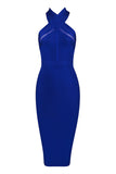 Royal Blue Halter Knee Length Bandage Club Dress