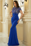 Royal Blue Cap Sleeves Mermaid Formal Evening Dresses 