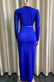 Royal Blue Long Sleeve High Slit Formal Evening Dresses