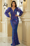 Royal Blue Long Sleeve Mermaid Evening Gown Formal Dress