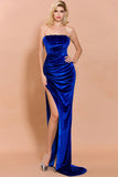 Royal Blue Strapless Side Slit Prom Evening Dresses