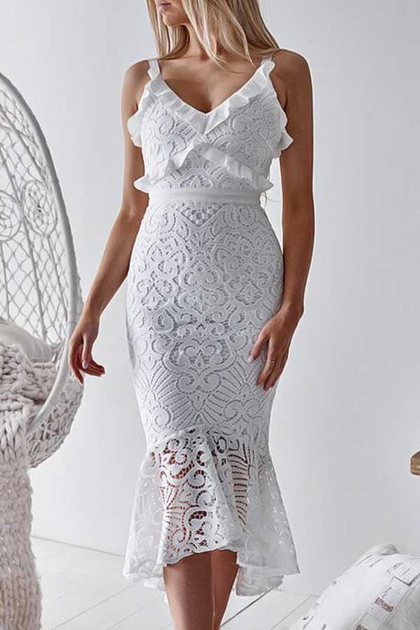 White Ruffled Sleeveless Mermaid Lace Midi Dress - Mislish