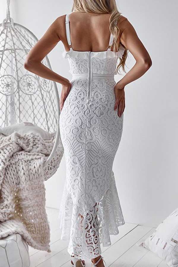 White Ruffled Sleeveless Mermaid Lace Midi Dress - Mislish